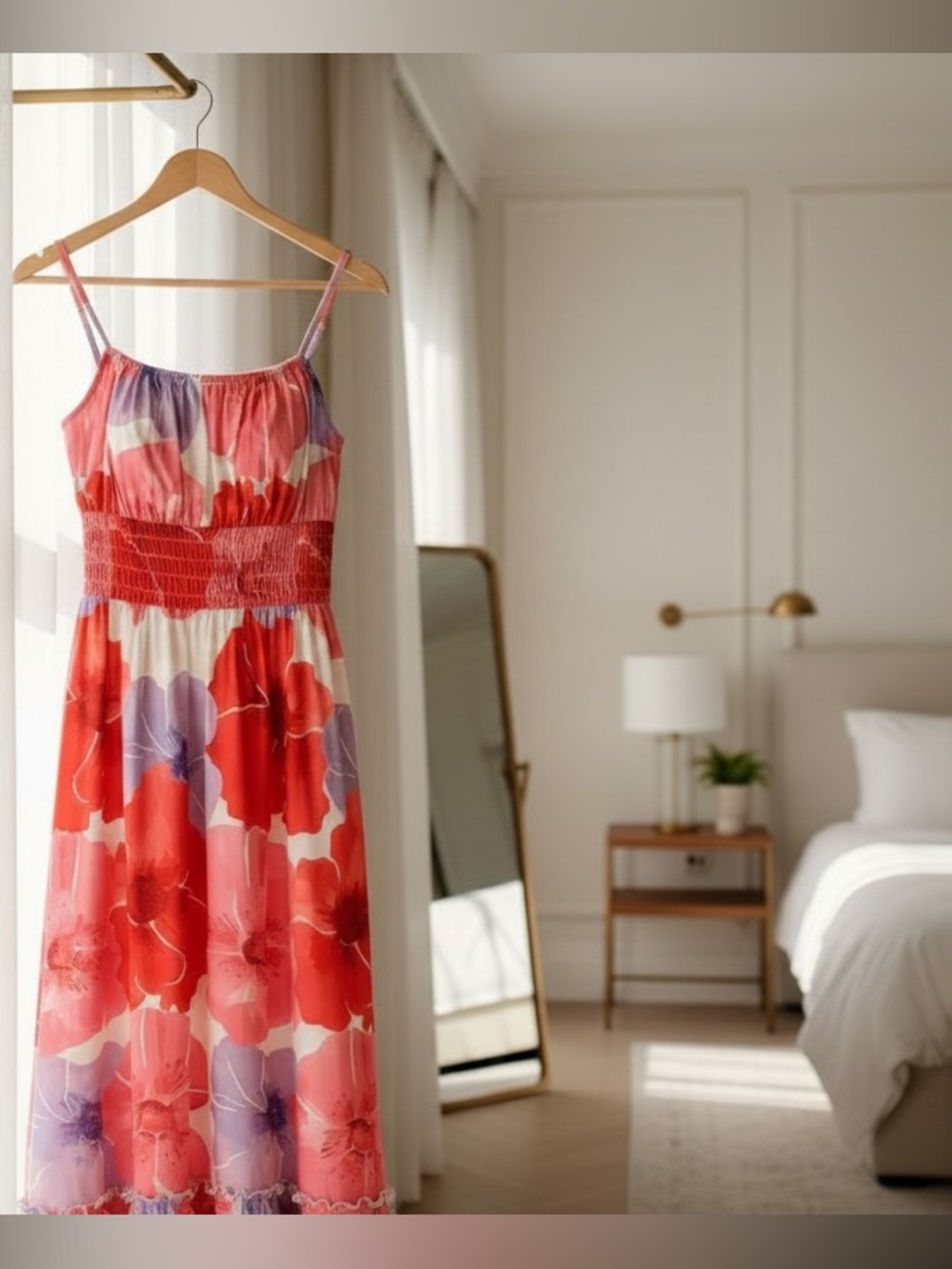 Smocked Floral Maxi Dress Boho Beach Sundress Sleeveless Pockets